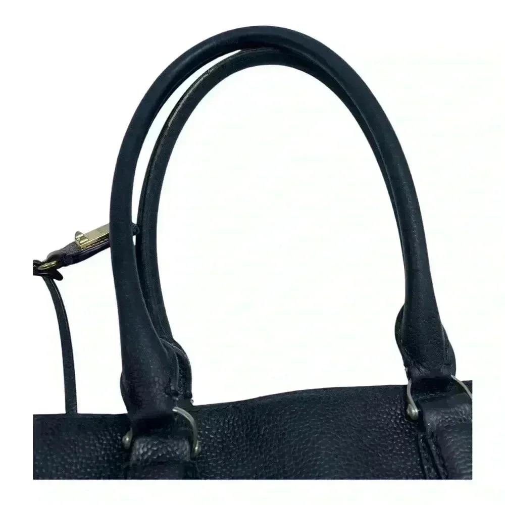 Henri Bendel Carlyle Tote Black Pebbled Leather Purse Shoulder Bag Purple Satin